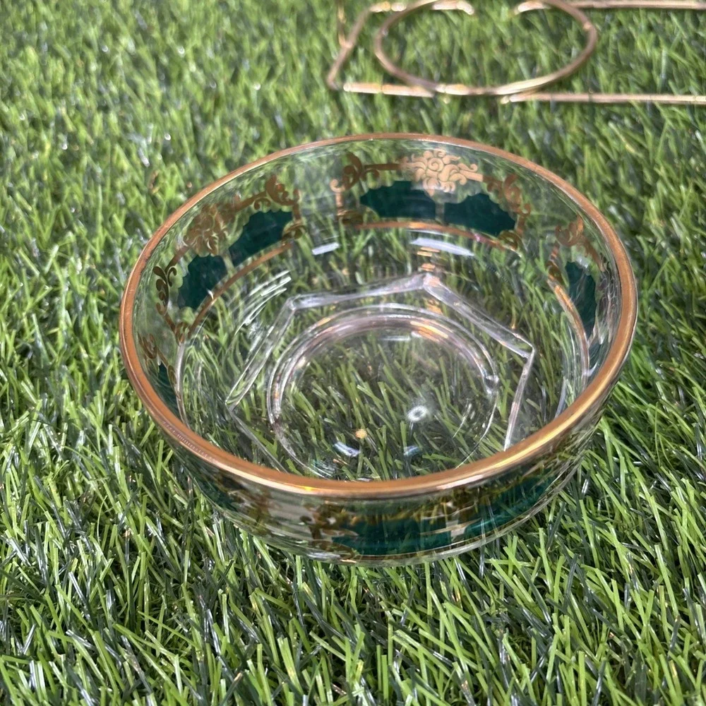 Vintage Gold Green Glass Bowls w/ Brass Tone‎ Caddy Wood Handle MCM Style Set